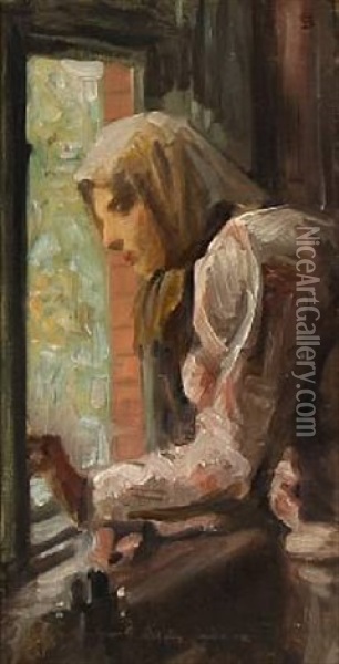 A Young Girl Looking Out The Window Oil Painting - Frans Schwartz