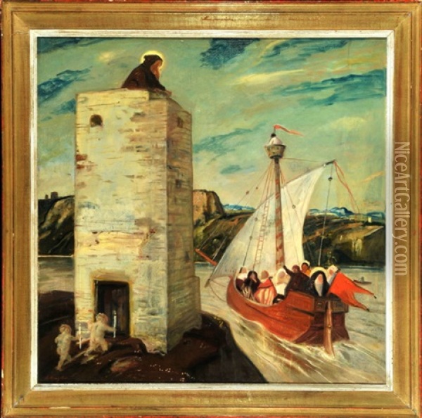 Monch Auf Wachturm Am Flussufer Mit Vorbeifahrendem Segelschiff Oil Painting - Adolf Hengeler