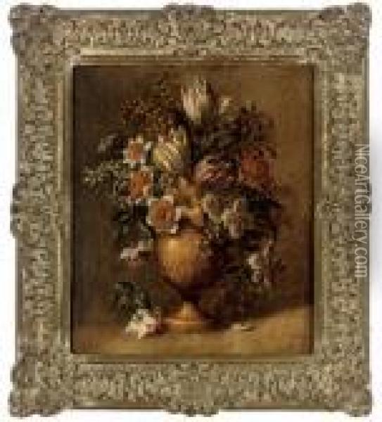Tulips, Mimosa And Other Flowers In A Sculpted Urn, On Aledge Oil Painting - Jean-Baptiste Monnoyer