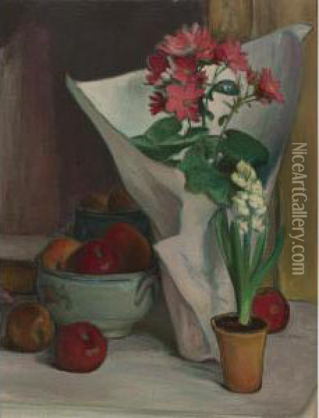 Pommes, Fleurs Et Papier Blanc Oil Painting - Wladyslaw Slewinski