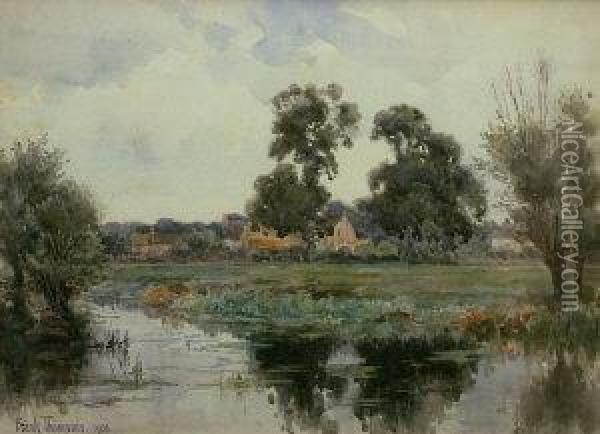 Tranquil Village River Landscape Oil Painting - Frank Thompson