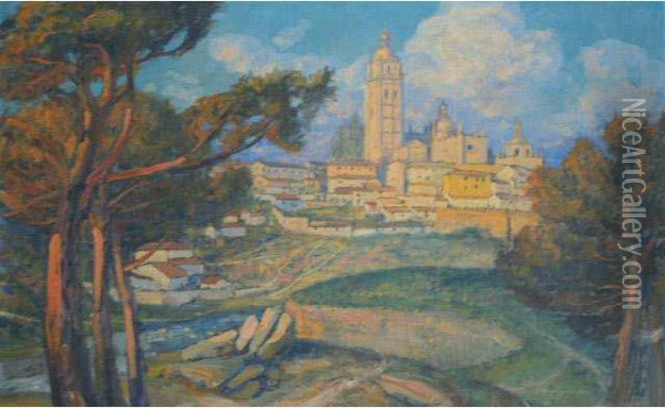Segovie : Vue De La Vieille Ville Devant La Sierra De Guadarrama Oil Painting - Ernest Georges Berges