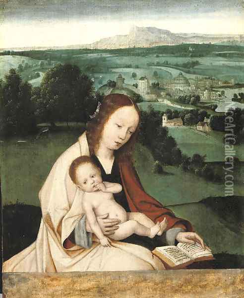 The Virgin and Child with an extensive landscape beyond Oil Painting - School Of Bruges