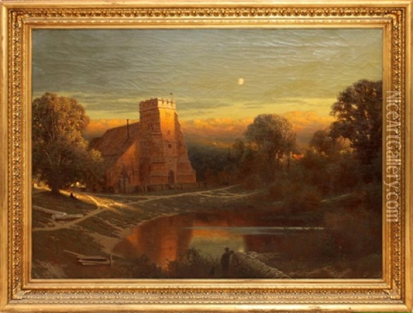 A Castle Over Pond At Sunrise Oil Painting - James Fairman