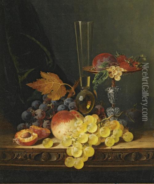 Still Life With A Tazza, Fruit And A Wine Glass Oil Painting - Edward Ladell