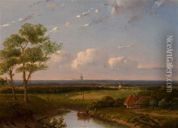River Landscape With A Moored Sailboat By A Farm Oil Painting - Jan Hendrik Willem Hoedt