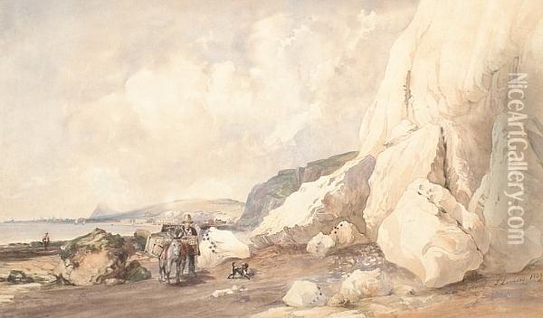 Figure With Donkey And Dog On A Beach Near Dover Oil Painting - Thomas Lindsay