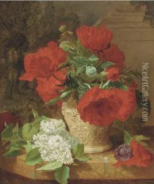 Poppies In A Vase, With White Lilac On A Marble Ledge Oil Painting - Eloise Harriet Stannard