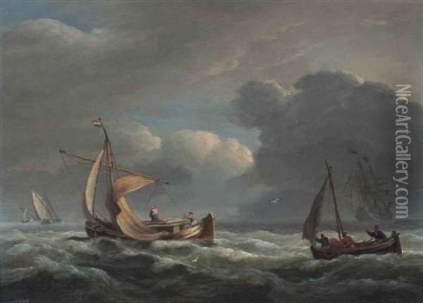 Fishermen Reefing-down In An Approaching Storm, With A Dutch Warship Beyond Oil Painting - Thomas Luny