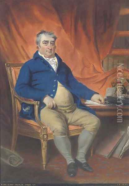 Portrait of the Right Honorable Charles James Fox, M.P. (1749-1806), seated in his study, in a blue coat and mustard waistcoat and britches Oil Painting - John Raphael Smith