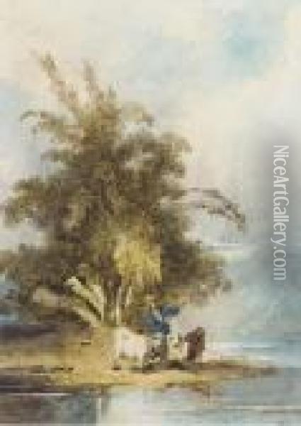 A Chinaman With Goats On A Riverbank Oil Painting - George Chinnery
