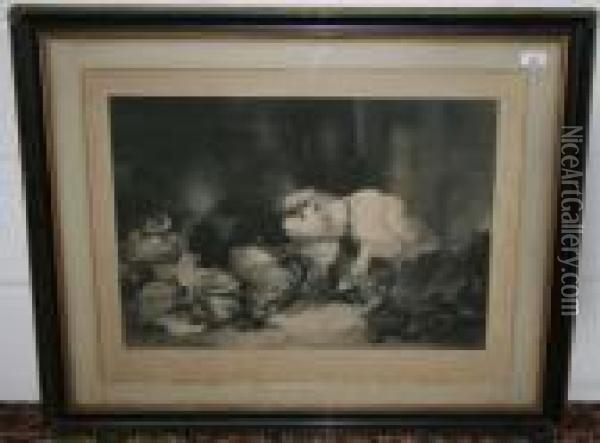 Dog And Cat Fighting Over Dead Game Oil Painting - Landseer, Sir Edwin