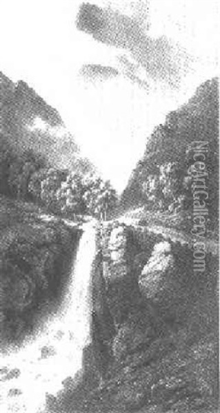 Wasserfall Bei Kekkefjord An Der Strase Nach Jedde (?) (norwegen) Oil Painting - Gustave Adolph Amberger