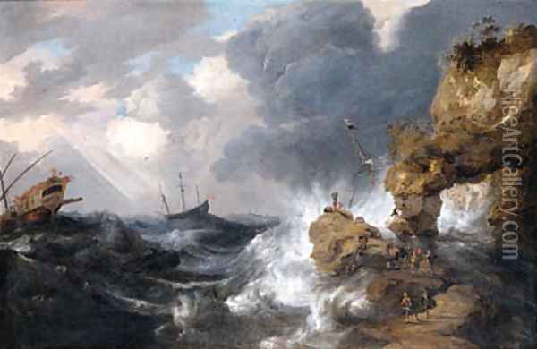 A whaler shipwrecked off a rocky coast in a gale, with a whale rising in the sea, other shipping and survivors on an outcrop in the foreground Oil Painting - Bonaventura, the Elder Peeters