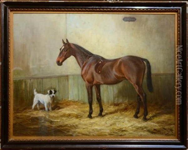The Horse Warwick And Terrier Turk In A Stable Oil Painting - Wright Barker