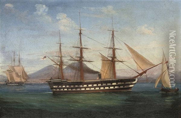 A Royal Navy Steam Two-decker Of The Mediterranean Fleet In The Bay Of Naples Oil Painting - Tommaso de Simone