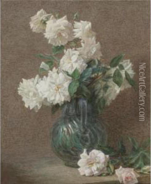 Roses Blanches Dans Une Cruche Oil Painting - Victoria Dubourg Fantin-Latour