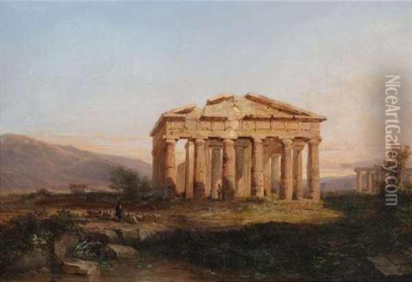 Die Tempel Von Paestum Im Abendlicht Oil Painting - Jules Coignet