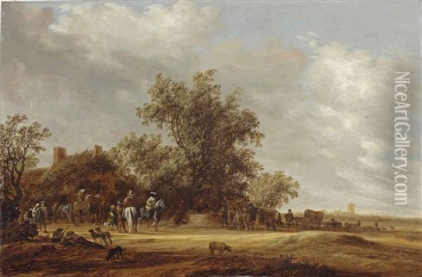 An Extensive Landscape With Travellers Halting At A Farmhouse, A Village Beyond Oil Painting - Salomon van Ruysdael