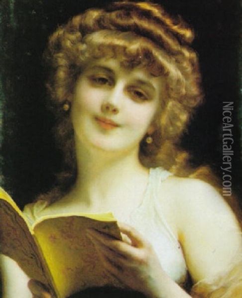 A Blonde Beauty Holding A Book Oil Painting - Etienne Adolph Piot
