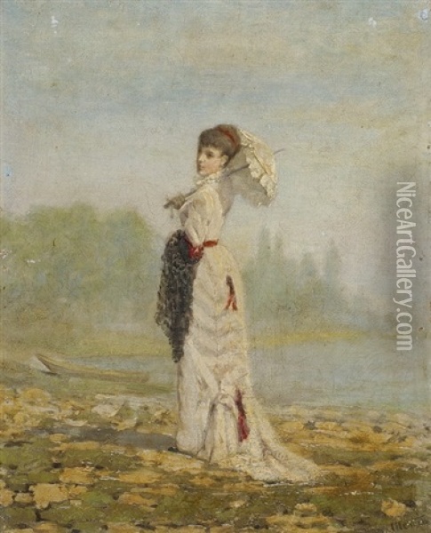 Elegante Dame Mit Sonnenschirm Oil Painting - Edouard (John) Menta