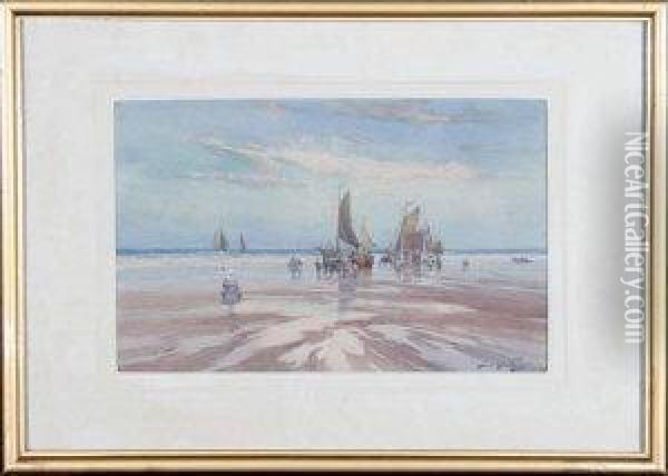 Fishing Boats And Figures On A Beach Oil Painting - Thomas Swift Hutton
