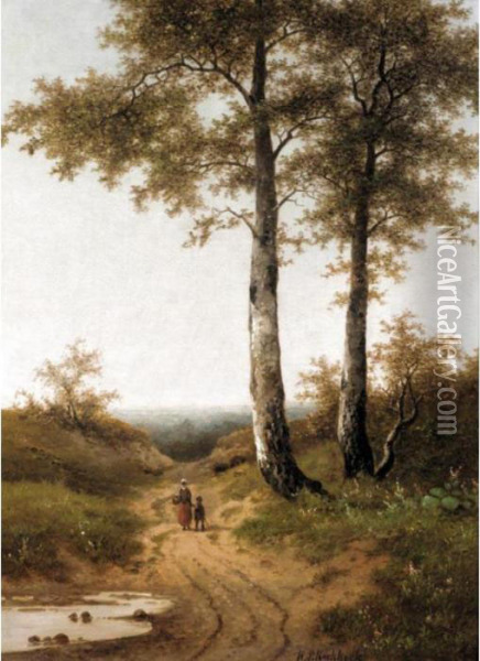 Figures On A Country Path Oil Painting - Hendrik Pieter Koekkoek