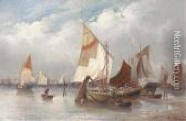 Fishing Boats Moored In A Harbour Oil Painting - Adolf Kaufmann