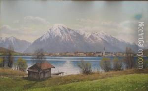 Bayrische Seelandschaft Mit Dorf Oil Painting - Rudolf Reschreiter
