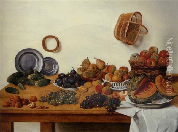A Sliced Melon, Apples, Pears, Plums, Gherkins By Two Pewter Plates, Nuts And Black And White Grapes By A White Cloth On A Table With A Wicker Basket Hanging From A Wall Oil Painting - Jan Josef Horemans the Younger