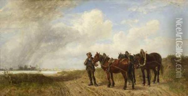 Bauer Mit Drei Pferden Am Flussufer Oil Painting - Ludwig Hartmann