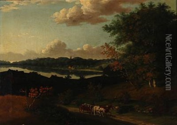 Landscape With A Horse-drawn Carriage Oil Painting - Carl Loffler