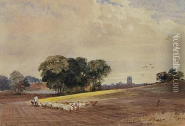 Shepherd And Flock Crossing A Ploughed Field Oil Painting - Edward Duncan