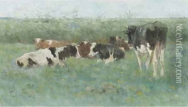 Cows in a meadow Oil Painting - Geo Poggenbeek