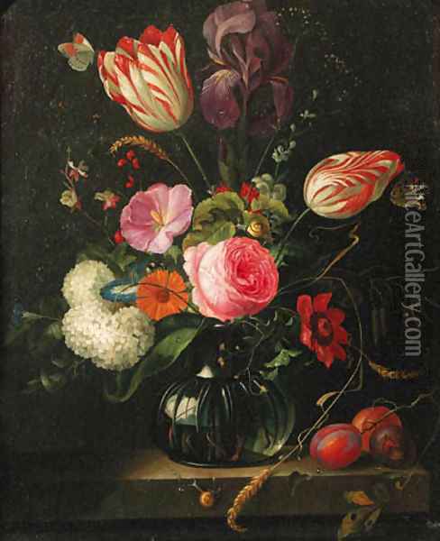 Tulips, roses, ears of corn, snowballs and other flowers in a glass vase with a branch of plums on a stone ledge, butterflies and snails Oil Painting - Abraham Mignon