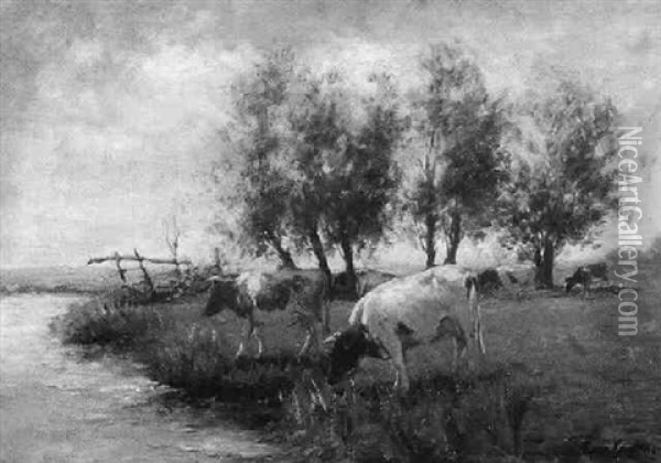 Cattle Watering By Meadow River Oil Painting - Fedor Van Kregten