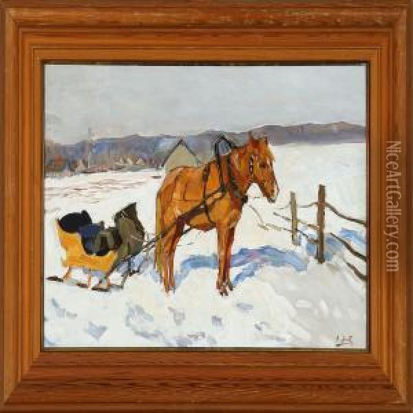 Winter Landscape With A Horse And Sledge Oil Painting - Alphons Konstantinov Zhaba