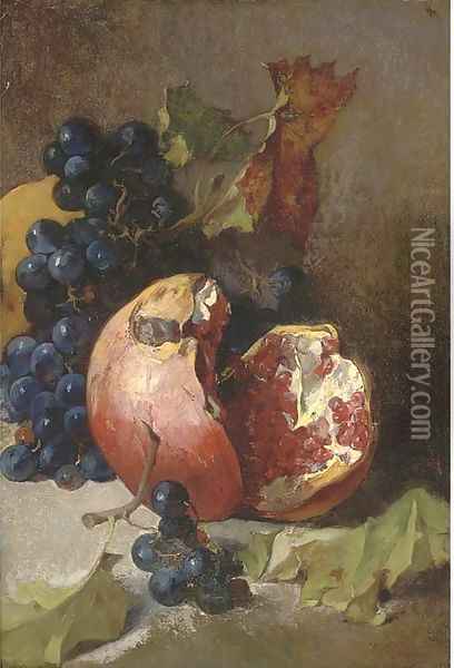 A pomegranate and a bunch of grapes on a ledge Oil Painting - Jean-Baptiste Robie