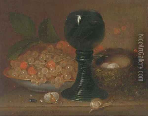 Still life with currants, a glass, bird's nest and eggs to the side Oil Painting - George Foster