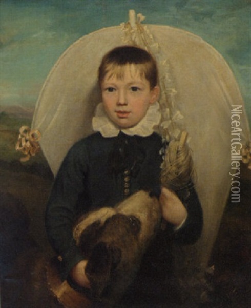 Portrait Of A Young Boy In A Blue Jacket Holding A Kite With A Dog By His Side In A Landscape Oil Painting - Ramsay Richard Reinagle