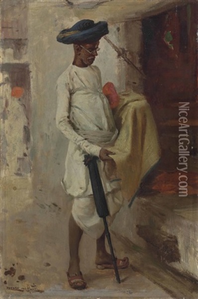 The Cloth Merchant In The Bazaar, Bombay Oil Painting - Horace Van Ruith