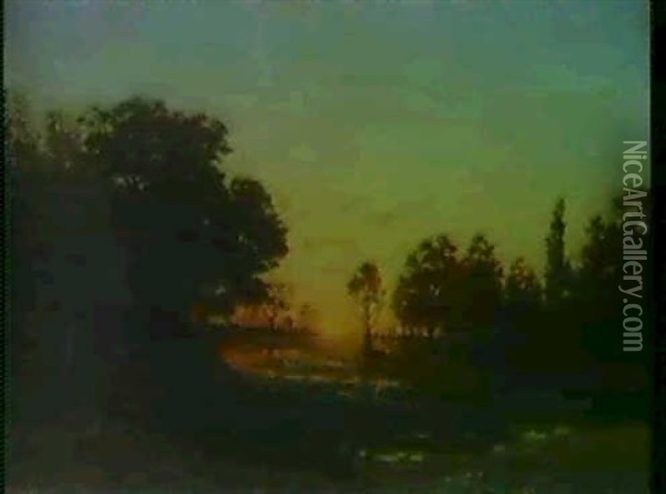 Kvallssol Over Franskt Landskap Oil Painting - Per Ekstroem