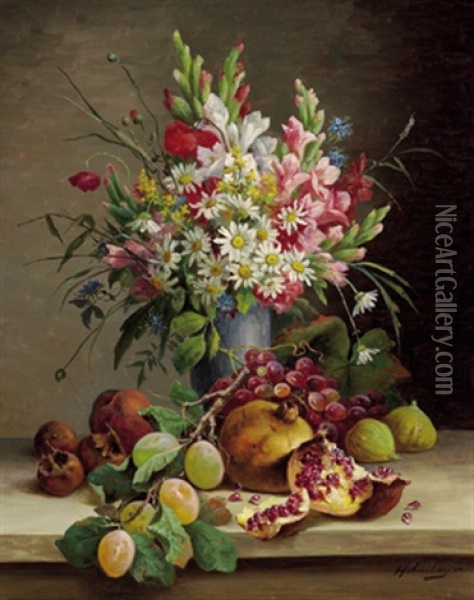 Stilleben Mit Blumen In Vase Und Fruchten Oil Painting - Franz Hohenberger