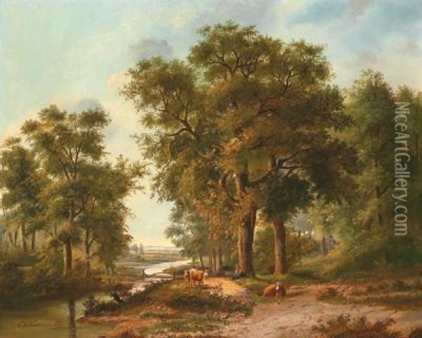 Wooded Landscape With A Creek And Grazing Cattle Oil Painting - Hendrik D. Kruseman Van Elten