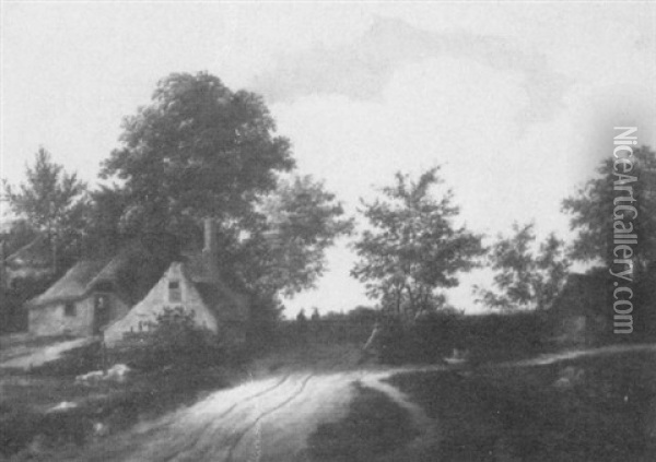 Dutch Landscape With Houses And Figures On A Road Oil Painting - Godaert Kamper