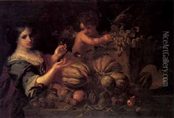 Still Life Of Various Fruits With A Lady And A Putto Oil Painting - Michelangelo di Campidoglio