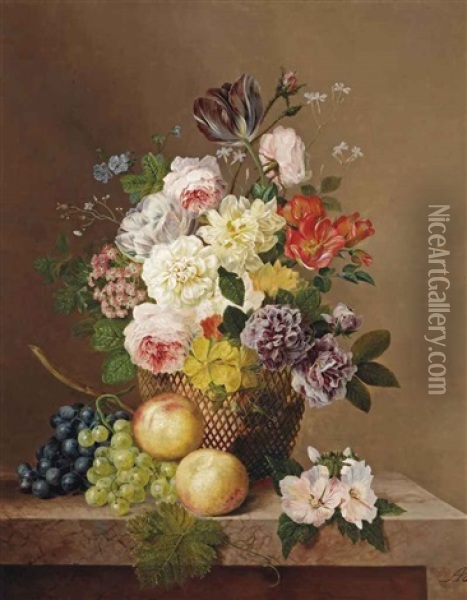 Roses, A Tulip, Carnations, Primula's, Primroses, Geraniums And Various Other Flowers In A Vase With Grapes And Peaches On A Marble Ledge Oil Painting - Arnoldus Bloemers