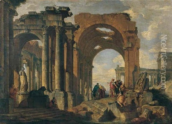 An Architectural Capriccio With Figures Discoursing Among Roman Ruins Oil Painting - Giovanni Paolo Panini