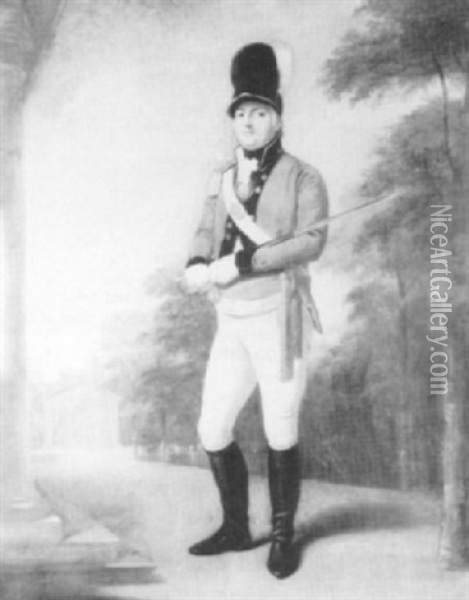 A Portrait Of An Officer Of A Volunteer Regiment,           Full Length Holding A Sword In A Landscape Oil Painting - Thomas Beach