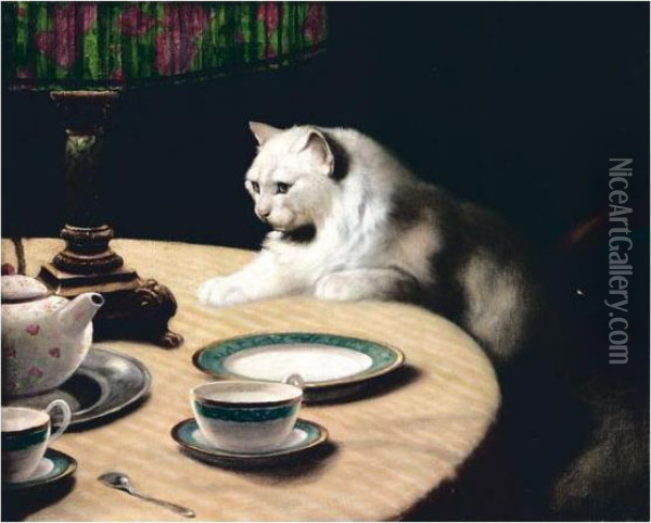 Cat On Table Oil Painting - Arthur Heyer